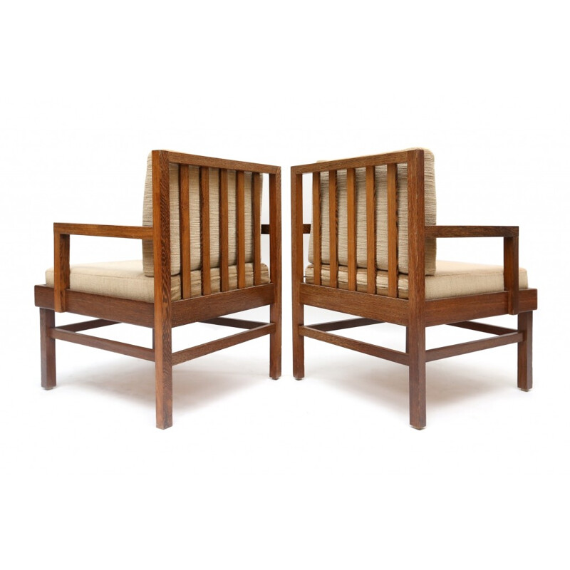 Pair of mid-century Wengé armchairs in wood and beige fabric - 1950s