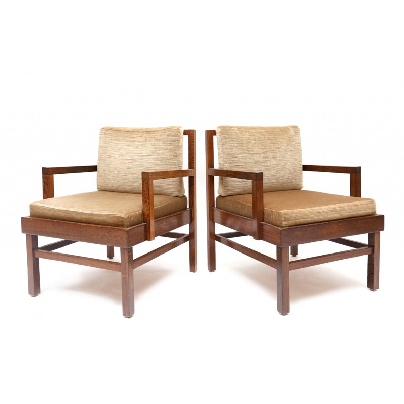 Pair of mid-century Wengé armchairs in wood and beige fabric - 1950s