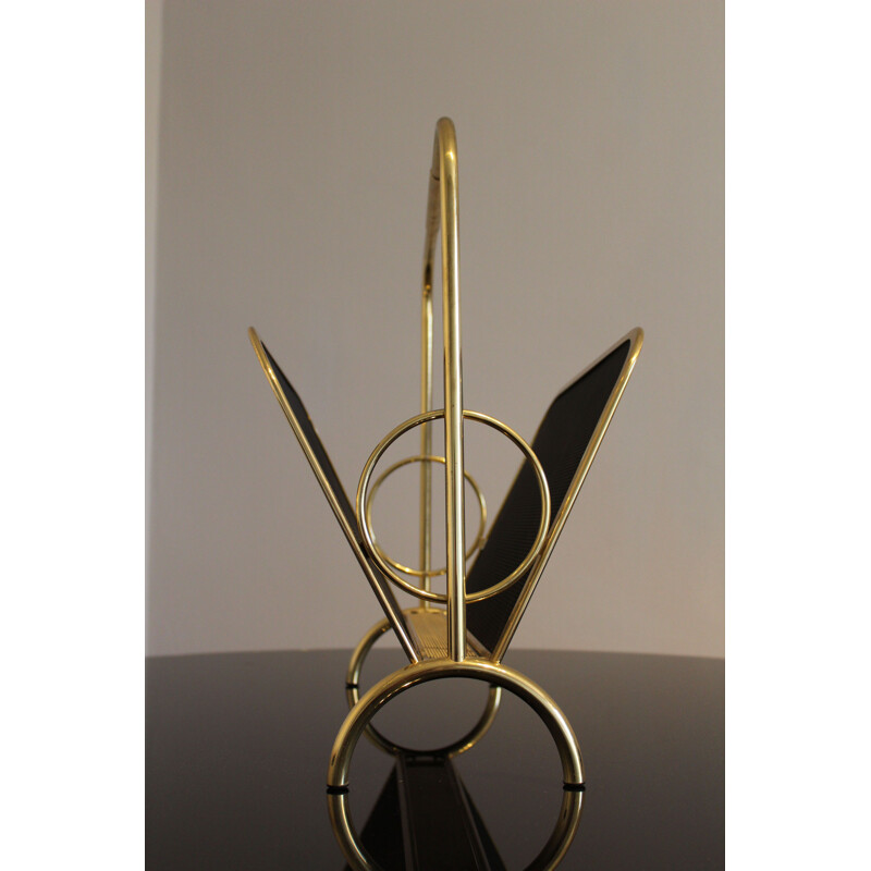 Vintage brass and black lacquered metal magazine rack, Italy 1970