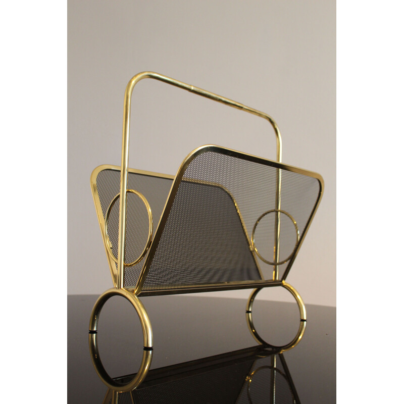 Vintage brass and black lacquered metal magazine rack, Italy 1970