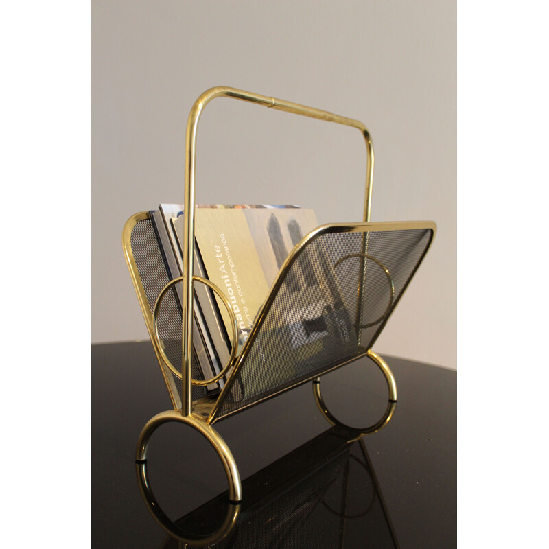 Vintage brass and black lacquered metal magazine rack, Italy 1970