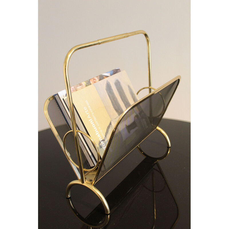 Vintage brass and black lacquered metal magazine rack, Italy 1970