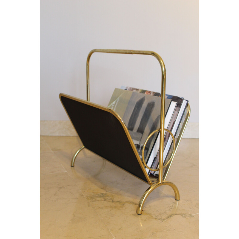 Vintage brass and black lacquered metal magazine rack, Italy 1970