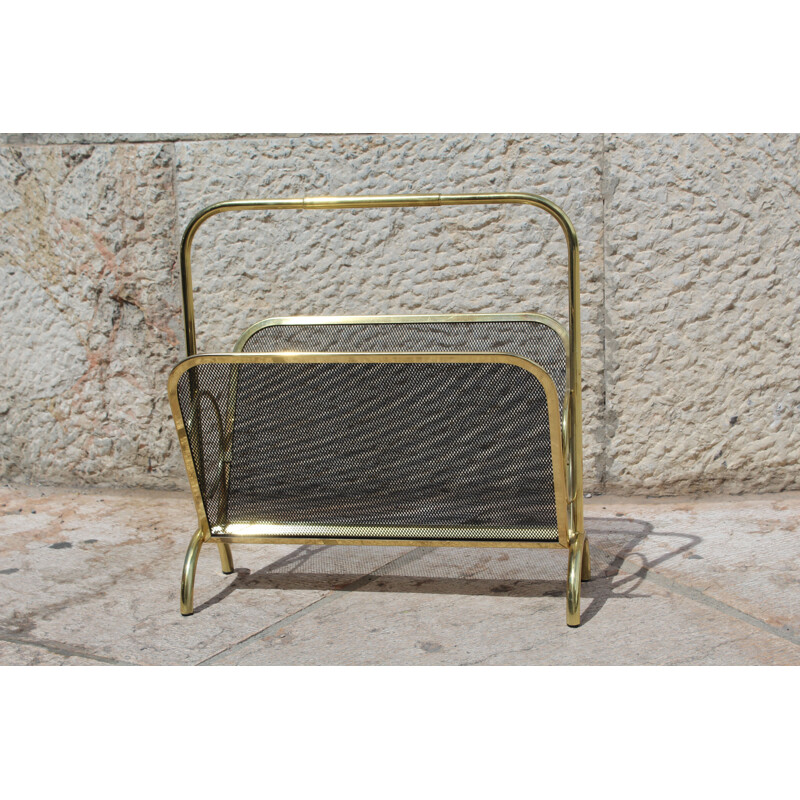 Vintage brass and black lacquered metal magazine rack, Italy 1970