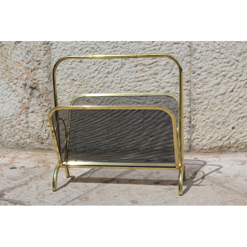 Vintage brass and black lacquered metal magazine rack, Italy 1970
