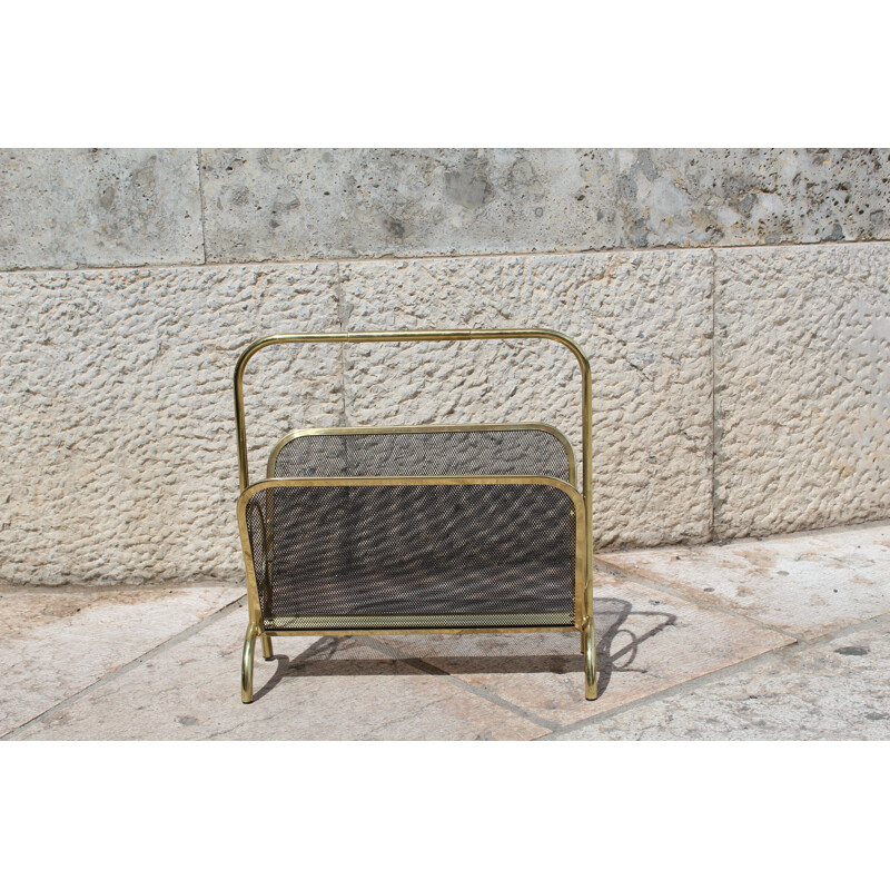 Vintage brass and black lacquered metal magazine rack, Italy 1970