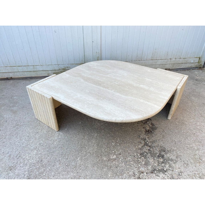 Vintage travertine coffee table with eye shape by Roche Bobois, 1970