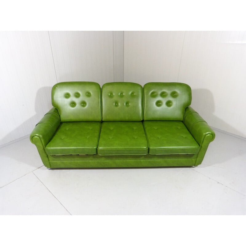 Vintage apple-green vinyl sofa with reversible pillows, Germany 1960s
