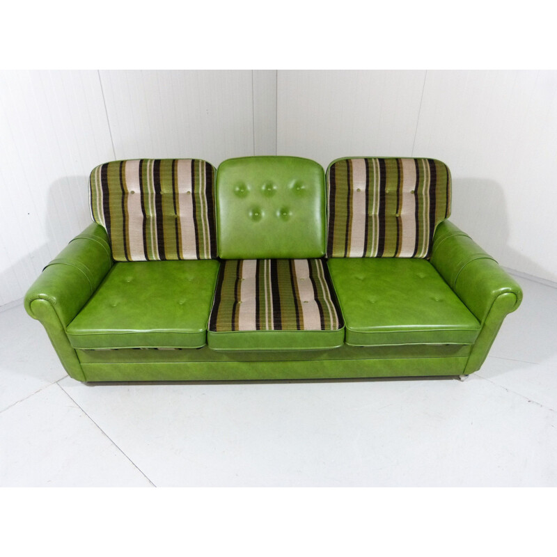 Vintage apple-green vinyl sofa with reversible pillows, Germany 1960s