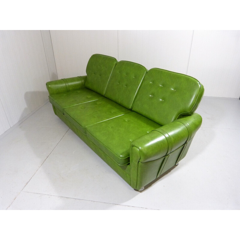 Vintage apple-green vinyl sofa with reversible pillows, Germany 1960s