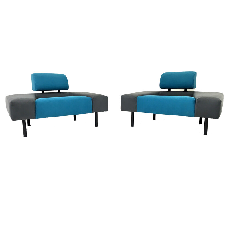 Pair of Pastoe "Pouffe Garni" armchairs in blue and grey fabric, Rob ECKHARDT - 1980s