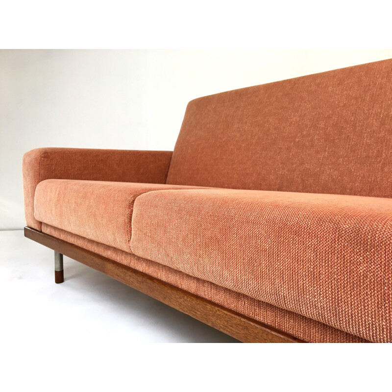 Mid-century 4-seater sofa in teak and fabric - 1960s