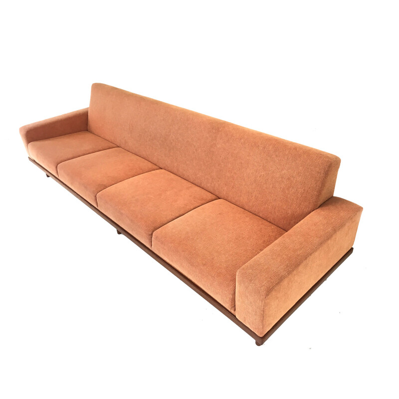 Mid-century 4-seater sofa in teak and fabric - 1960s