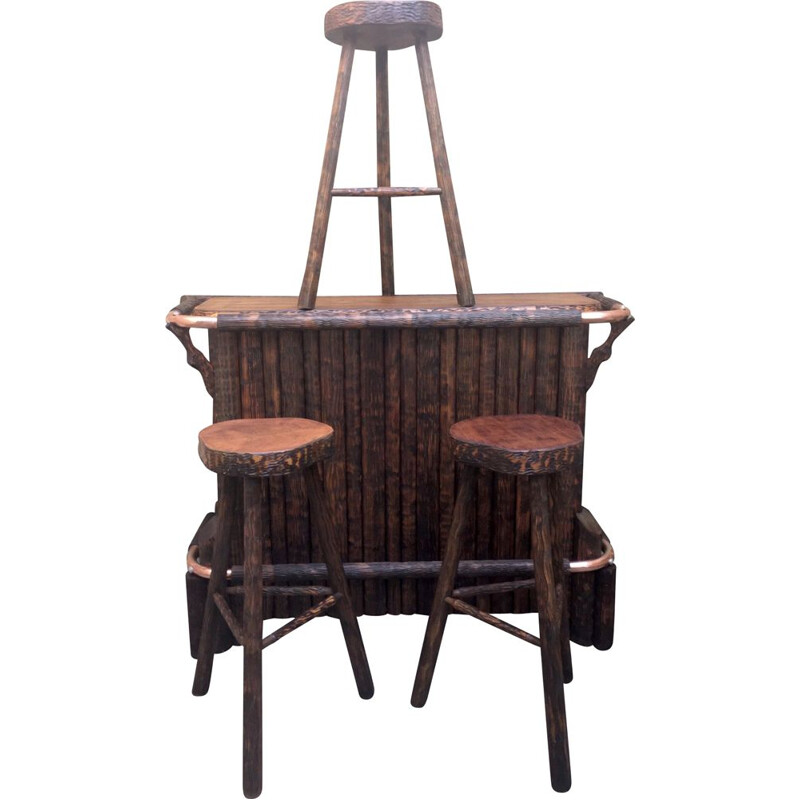 Vintage bar set with 3 wooden stools, 1960
