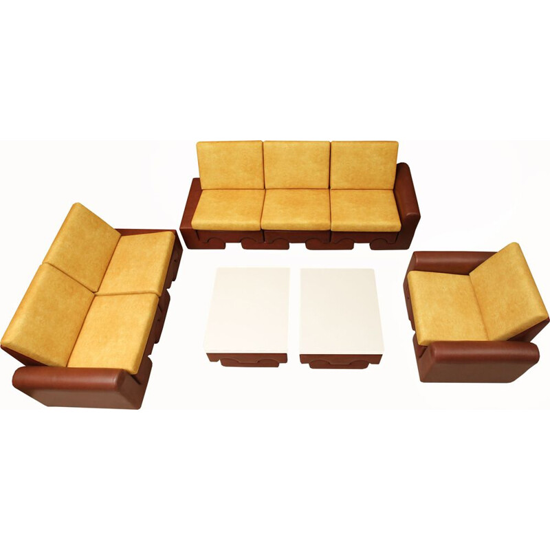 Vintage puzzle living room set in solid foam and brown leatherette, 1970s