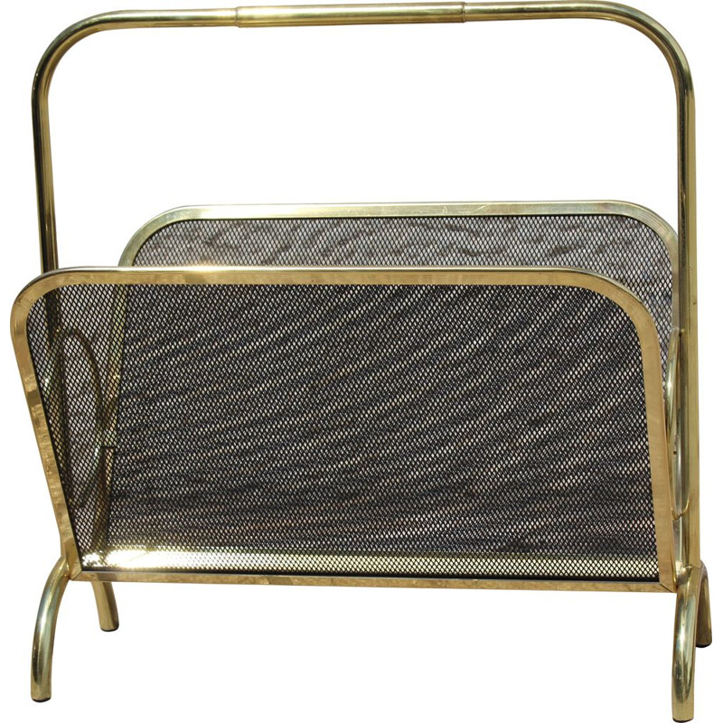 Vintage brass and black lacquered metal magazine rack, Italy 1970