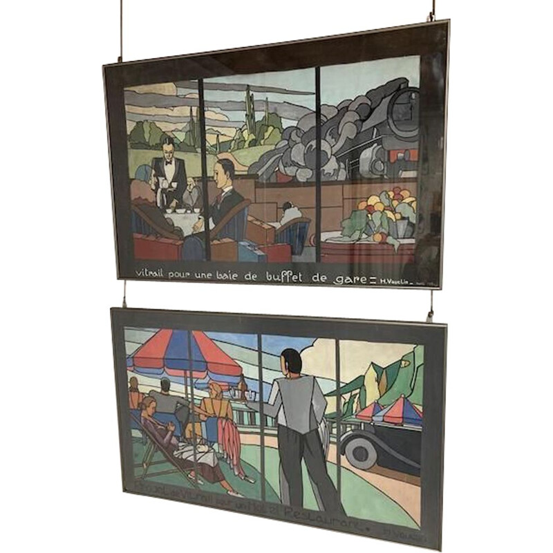 Pair of vintage stained glass projects by H. Vauclin, 1934