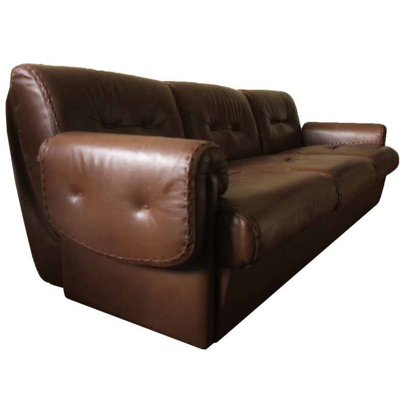 Vintage brown leather 3 seaters sofa with stitched profile, France 1960s