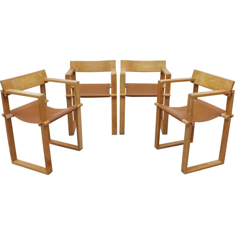 Set of 4 vintage armchairs in light pine by Ate Van Apeldoorn, Netherlands 1970