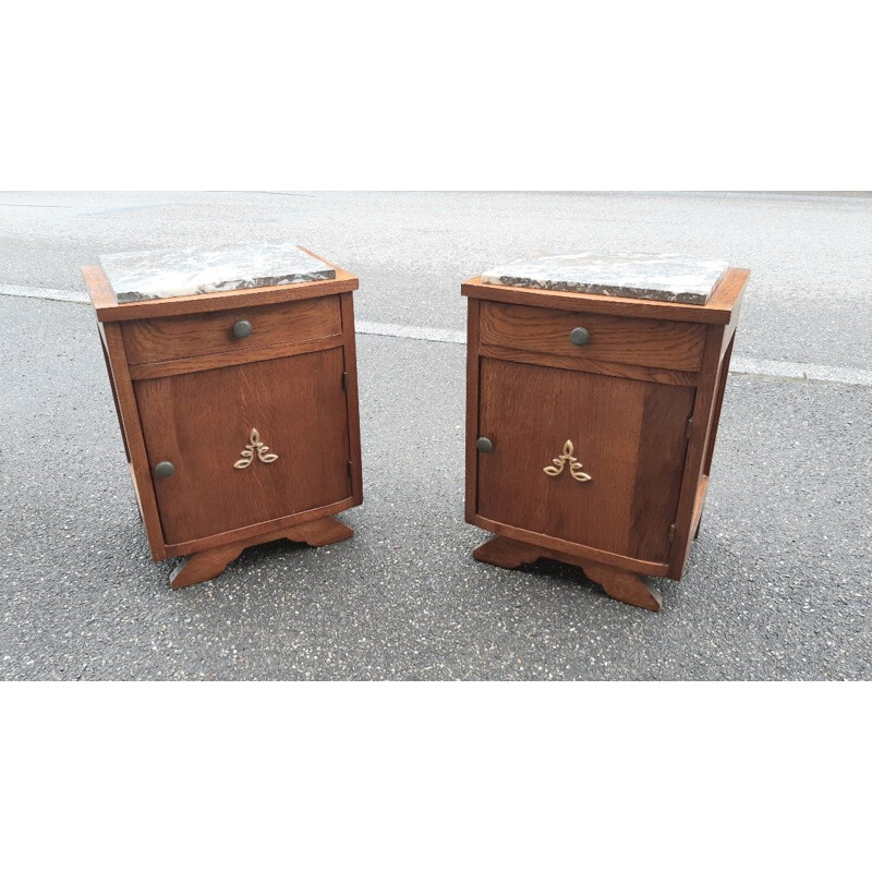 Pair of vintage Art Deco night stands in oakwood and grey marble, France 1930-1940