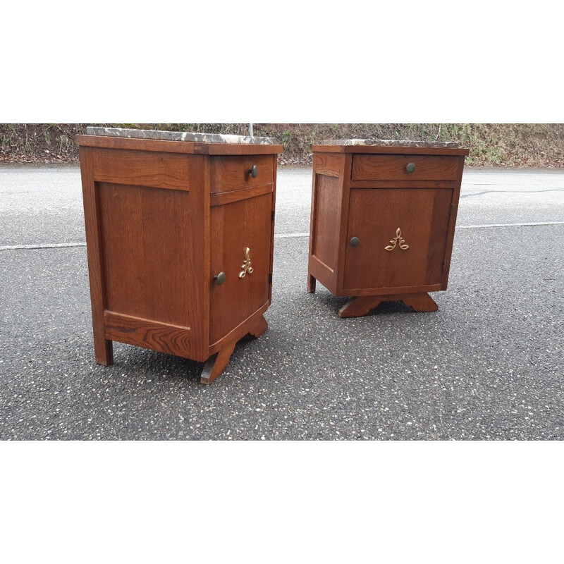 Pair of vintage Art Deco night stands in oakwood and grey marble, France 1930-1940