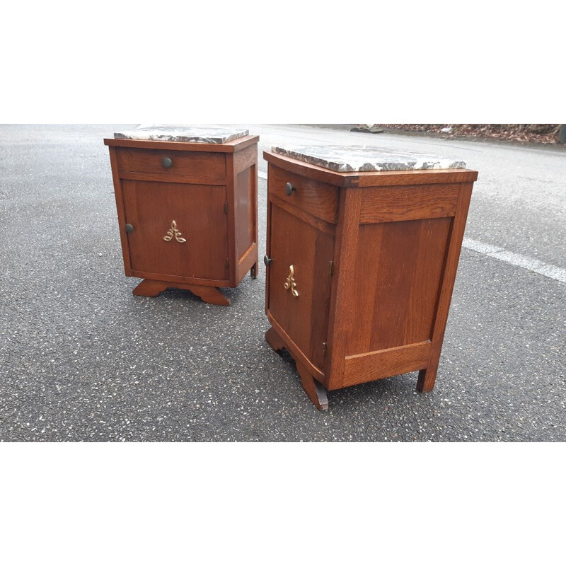 Pair of vintage Art Deco night stands in oakwood and grey marble, France 1930-1940