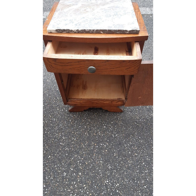 Pair of vintage Art Deco night stands in oakwood and grey marble, France 1930-1940