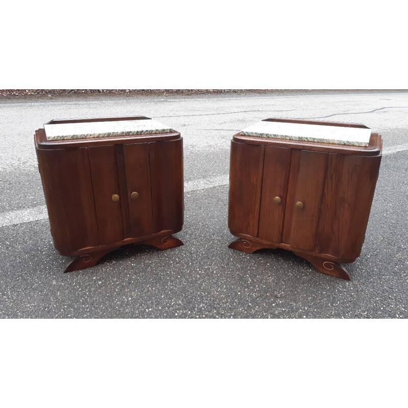 Pair of vintage Art deco oakwood and green marble night stands with 2 doors, France 1930-1940s