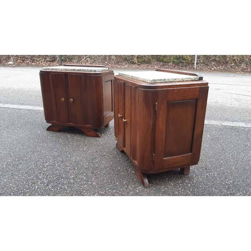 Pair of vintage Art deco oakwood and green marble night stands with 2 doors, France 1930-1940s