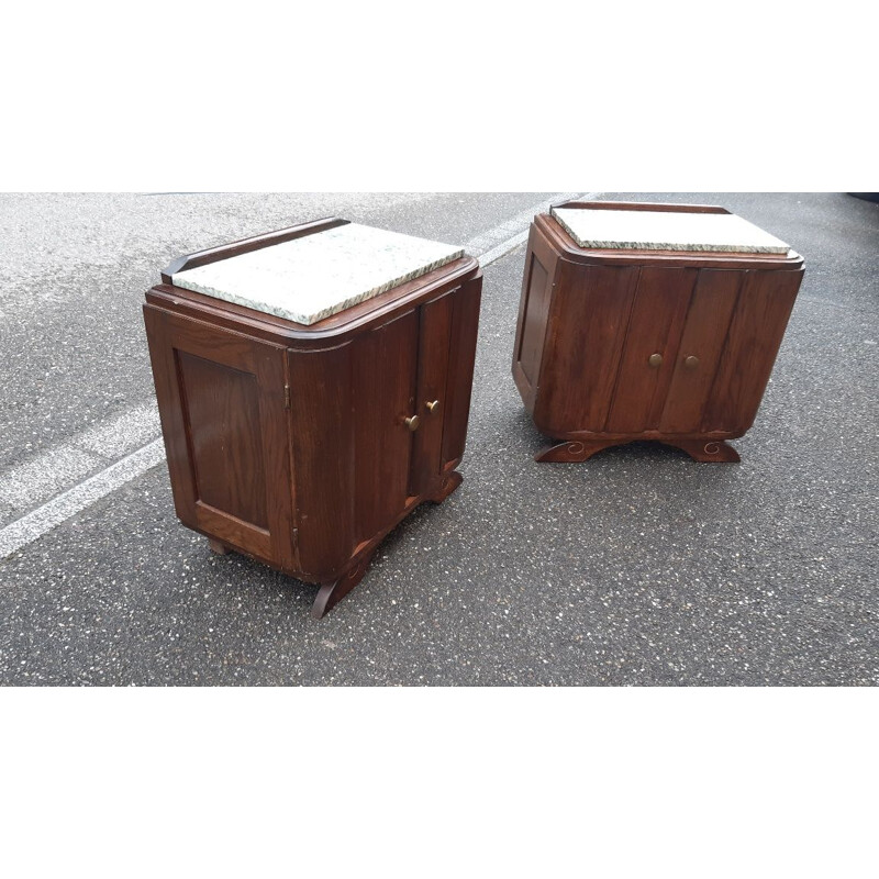 Pair of vintage Art deco oakwood and green marble night stands with 2 doors, France 1930-1940s