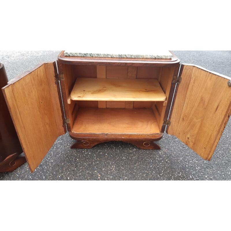 Pair of vintage Art deco oakwood and green marble night stands with 2 doors, France 1930-1940s