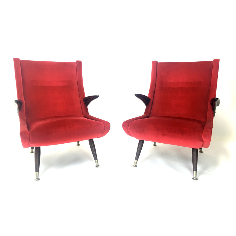 Pair of Italian armchairs in red velvet and walnut - 1950s