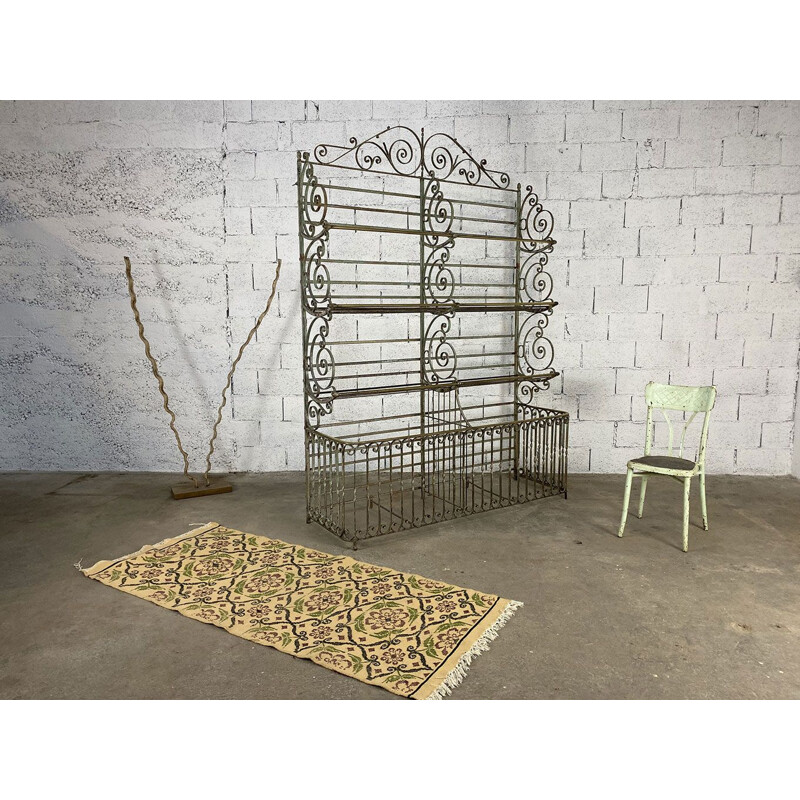 Vintage wrought iron and brass bread display stand, 1800