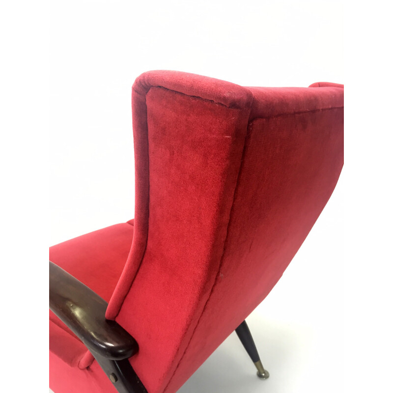 Pair of Italian armchairs in red velvet and walnut - 1950s