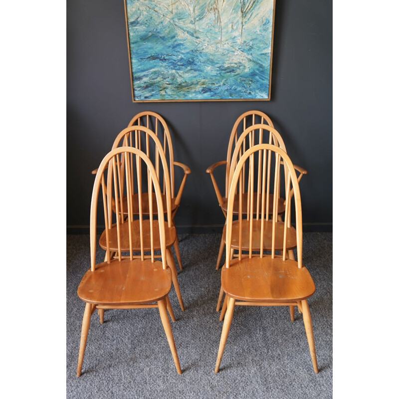 Ensemble de 6 chaises vintage en bois d'orme et de hêtre par Ercol Quaker
