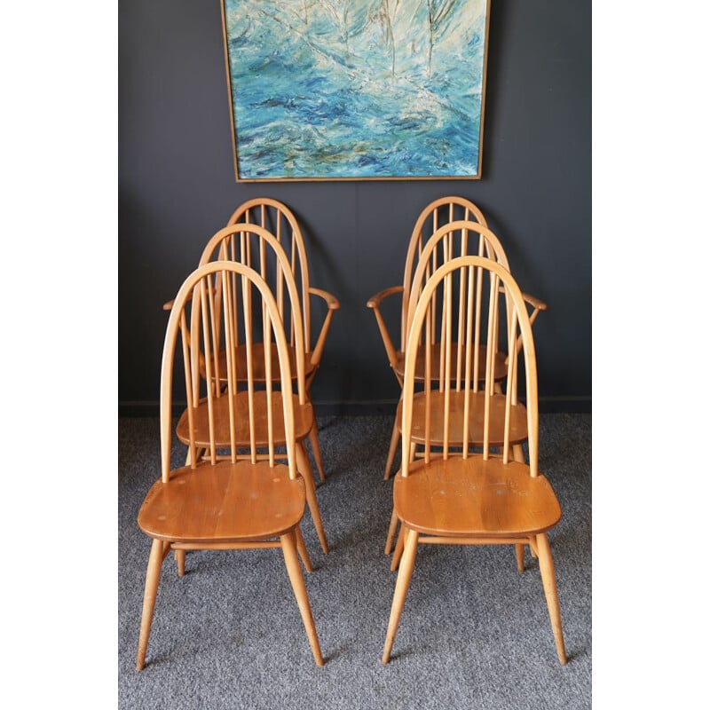 Set of 6 mid-century elm wood & beech wood dining chairs by Ercol Quaker