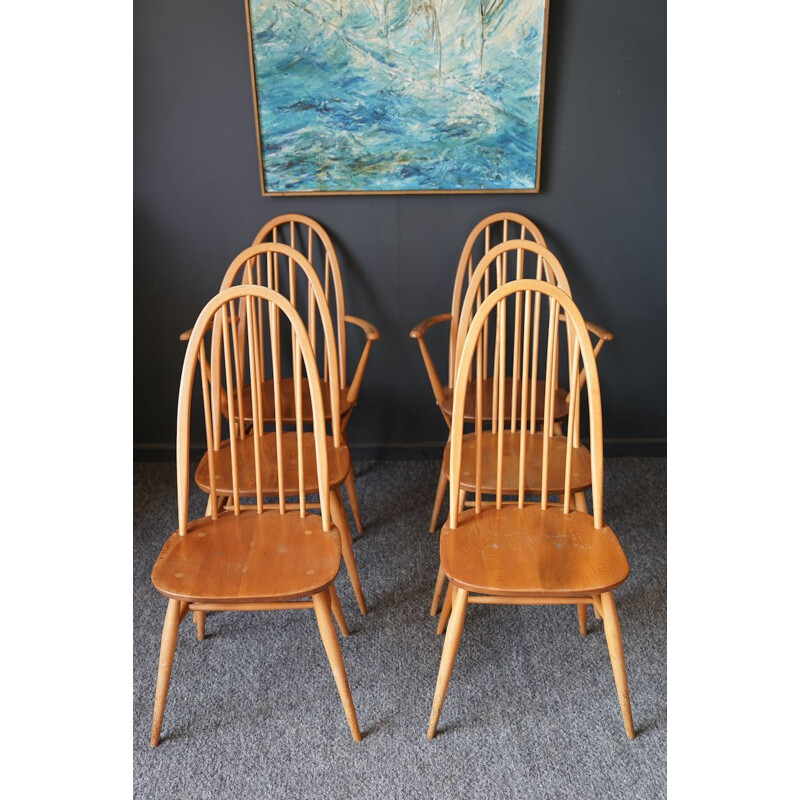 Set of 6 mid-century elm wood & beech wood dining chairs by Ercol Quaker