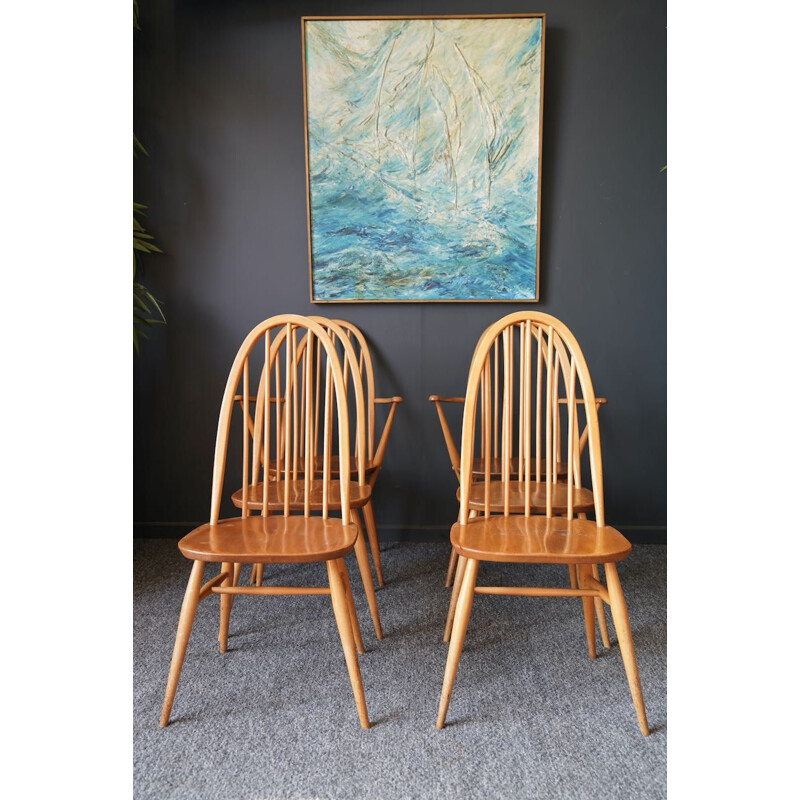 Set of 6 mid-century elm wood & beech wood dining chairs by Ercol Quaker