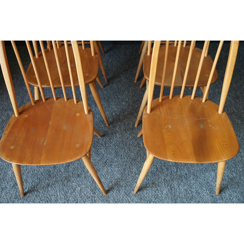 Set of 6 mid-century elm wood & beech wood dining chairs by Ercol Quaker