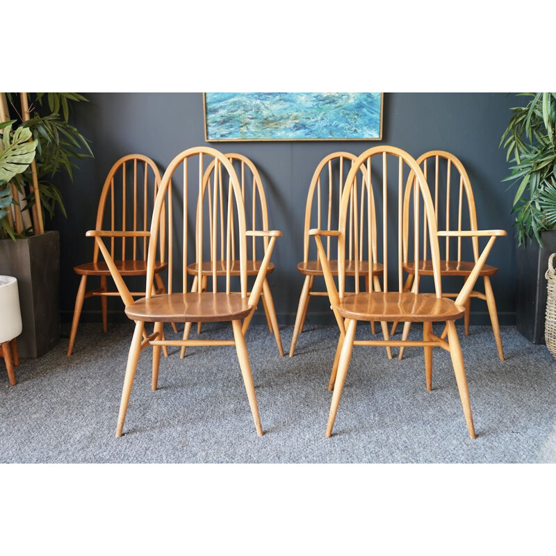 Ensemble de 6 chaises vintage en bois d'orme et de hêtre par Ercol Quaker