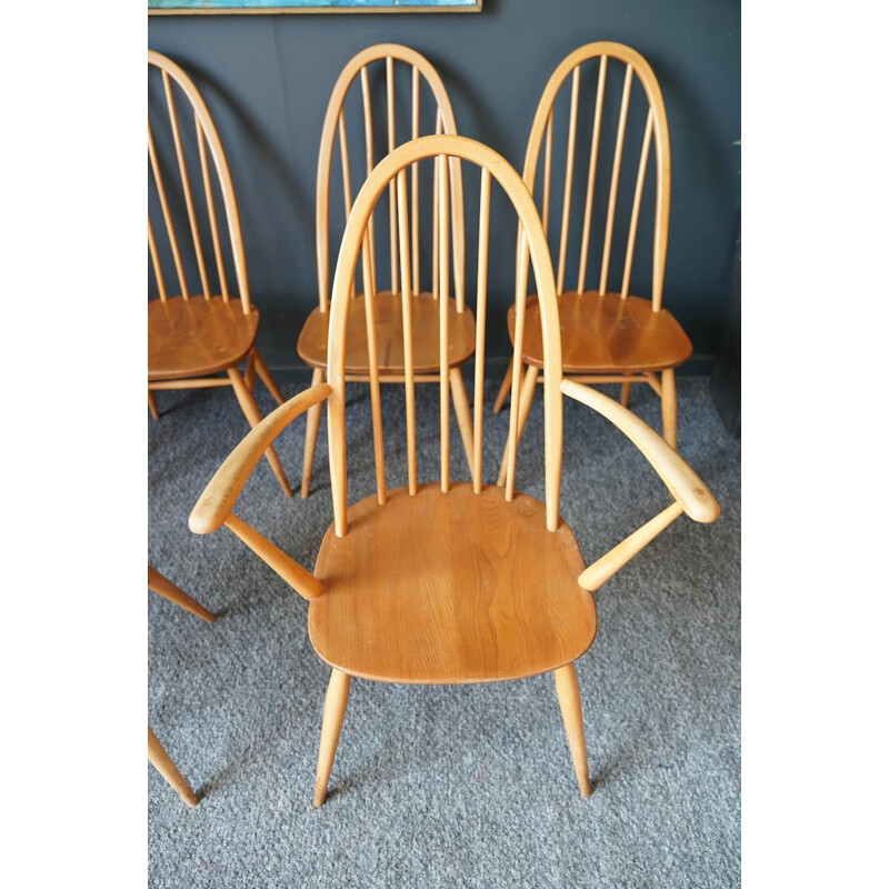 Set of 6 mid-century elm wood & beech wood dining chairs by Ercol Quaker