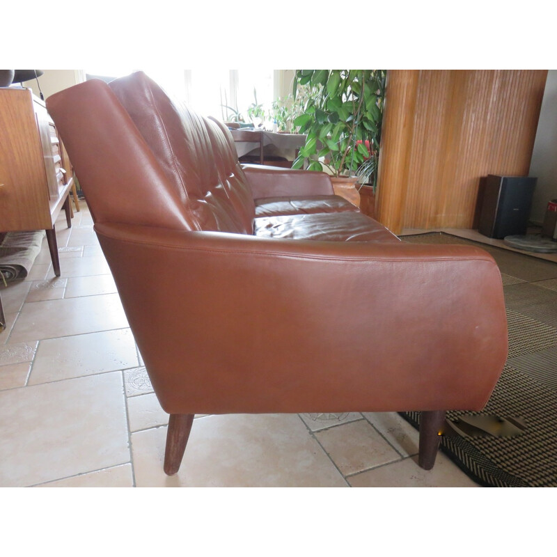 Danish 3 seater brown leather sofa - 1960s