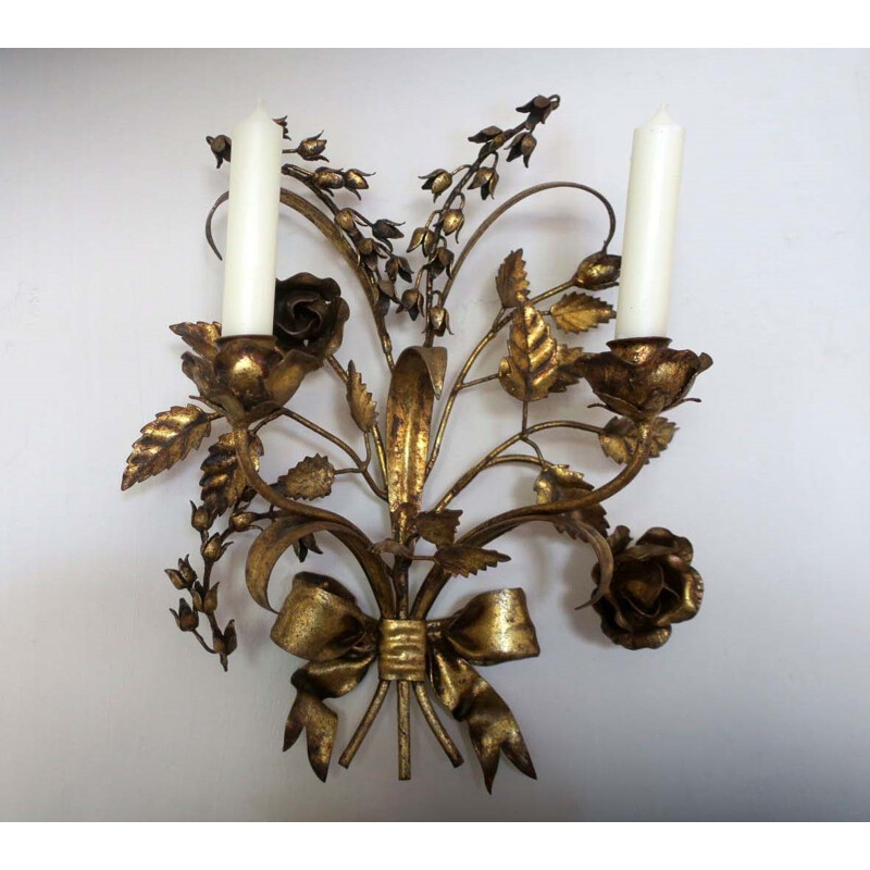 Pair of vintage patinated gilt tole candelabra wall lamps by Hans Kögl, 1960s