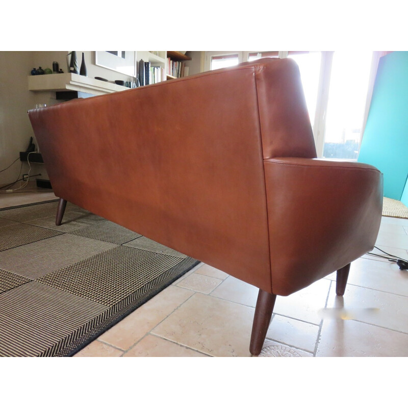 Danish 3 seater brown leather sofa - 1960s