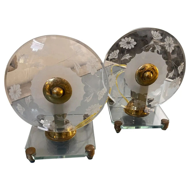 Pair of vintage brass and engraved glass lamps by Pietro Chiesa, 1950s