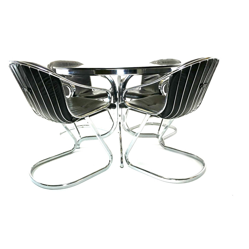 Ensemble de table et 4 chaises Rima en verre fumé et acier, Gastone RINALDI - 1970