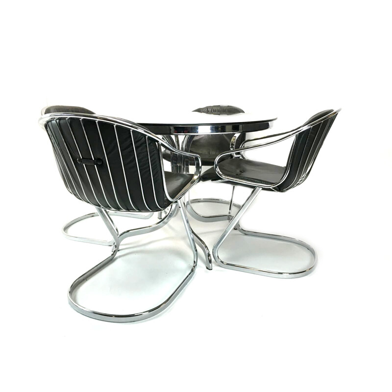 Ensemble de table et 4 chaises Rima en verre fumé et acier, Gastone RINALDI - 1970