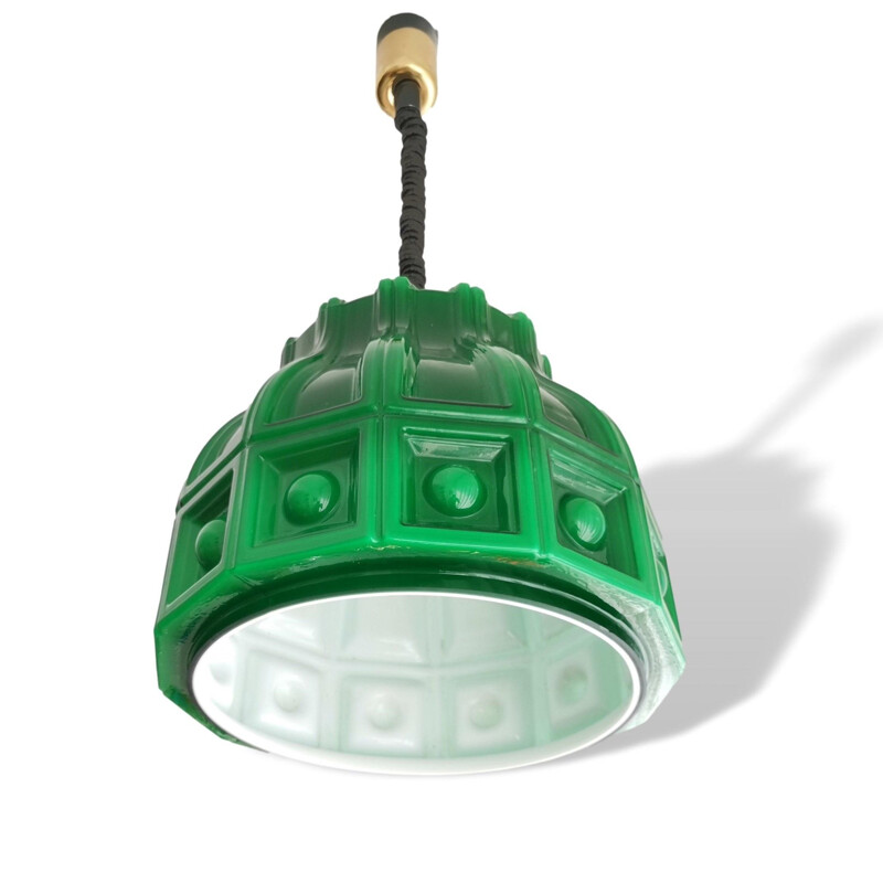 Vintage Swedish green opal glass pull down pendant lamp by Helena Tynell for Flygsfors, 1960s