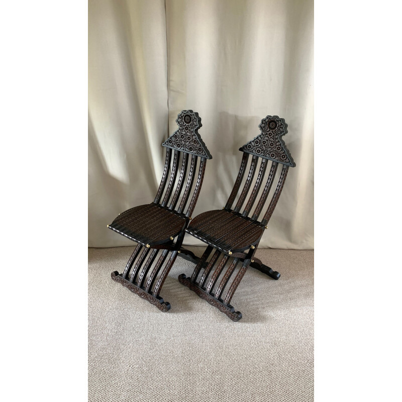 Pair of vintage folding chairs in mother-of-pearl inlaid wood, Syria 1910