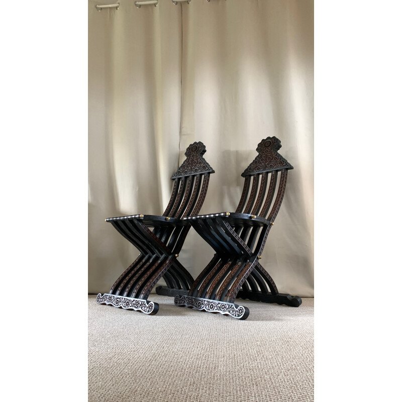 Pair of vintage folding chairs in mother-of-pearl inlaid wood, Syria 1910